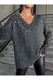 Bead Detailed V-Neck Knitwear Sweater
