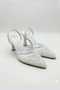 Women's White Tulle Mesh Bead Embroidered Stiletto Open Back Evening Dress Pointed Toe Heeled Shoes