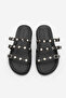 Women's Genuine Leather Three-Stripe Studded Casual Shoes Slipper Zoven Black Silver