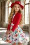 Girl's Square Collar Combed Cotton Blouse with Butterfly Brooch Red Jacket Rose Patterned Puffy Skirt Set - 4