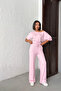 Women's Candy Pink Soft Bat Sleeve Blouse Drawstring Waist Wide Leg Two-Piece Set - 2
