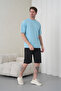 Men's Blue Black Cotton Piece Combed Cotton Short Sleeve Pocketed Shorts Set - 4