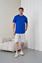 Men's Cobalt Blue Gray Cotton Piece Combed Cotton Short Sleeve Pocketed Shorts Set - 3