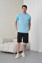 Men's Blue Black Cotton Piece Combed Cotton Short Sleeve Pocketed Shorts Set - 5