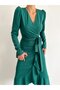   Women's Green Crepe Fabric Midi Length Belted Long Sleeve Dress - 7
