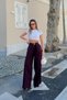 Burgundy Nikki Pile Detailed Belt Pack Wide-Leg Women's Palazzo Pants - 4