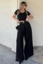 Black Nikki Pleated Detailed Set of Belt Wide-Leg Women's Palazzo Pants