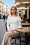 Women's Blouse Fitted Asymmetrical Collar Long Sleeve Corded Fabric Knitted Accessory Detail Cropped Cut Fitted to the Body - 4