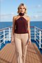 Women's Blouse Halter Neck Sleeveless Woven Fabric Accessory Detail Patterned Regular Fit Chiffon Stylish