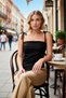 Women's Blouse with Collar Straps, Sleeveless, Asymmetrical Cut, Satin, Woven Fitted Fit, Regular Length - 4