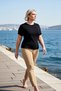 Women's Blouse Slim Fit Crew Neck Piped Detail Short Sleeve Knitted Rib Knit Soft Buttons Plain Pattern - 3