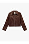 Long Sleeve Zippered Pocket Pack Shirt Collar Cropped Faux Leather Jacket - 4
