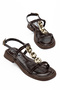 Women's Brown Wrinkled Patent Leather Ankle Strap Buckle Detailed Casual Sandals - 2