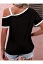Women's Short Sleeve One Shoulder Open Strap Buckle Detail Viscose Blouse - 4