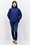 Women Tie Neck Long Sleeves Stripe Blouse, Blue/Black - 4