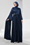 Navy Blue Shoulder Shawl Detailed Brooched Satin Evening Dress
