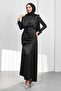 Black Belt Piece Fish Model Satin Evening Dress with Draped Front - 3