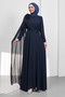 Navy Blue Floral Detailed Belt Piece Evening Dress
