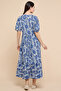 Printed Midi Dress with V-Neck and Puff Sleeves - 6