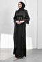 Black Sleeve Detail Fish Model Stone Evening Dress - 4