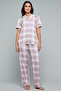 Women's Pastel Pink Plaid Lapel Collar Pyjama Set - 4