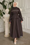 Brown Denim Skirt Suit with Pearl Tie Detail on the Front - 2
