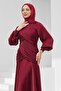 Burgundy Draped Front Balloon Sleeve Sparkling Evening Dress - 3