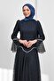 Navy Blue Guipure Lace Lined Stone Evening Dress - 2