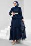 Navy Blue Pleated Chiffon Evening Dress with Stones on the Waist
