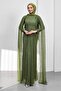 Khaki Shoulder Cape Draped Guipure Lace Evening Dress - 3