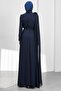 Navy Blue Floral Detailed Belt Piece Evening Dress - 5
