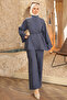Navy Blue Embroidered Tunic Pants Set with Waist Drawstring - 2