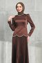 Brown Waist Stone Detailed Skirt Pleated Satin Evening Dress - 2
