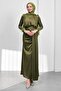 Khaki Belt Piece Fish Model Satin Evening Dress with Draped Front - 2