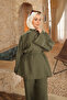 Khaki Embroidered Waist Drawstring Tunic and Trousers Set - 3