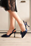 Women's Navy Blue Bowknot Satin Slingback Heeled Shoes Tr40Ms01E - 5