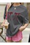 Women's Burgundy Bow Printed Oversized T-Shirt Loose Fit