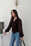 Brown V-Neck Lace Detailed Sleeves Chiffon Blouse - 5