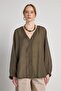 Women's Khaki V-Neck Tencel Fabric Oversized Shirt 31006 - 5