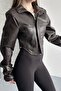 Women's Cropped Leather Jacket - Brown New Season Corset Detail - 6