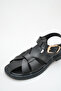 Women's Black Skin Buckle Detail Flat Sole Sandals - 5