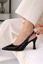 Women's Black Heeled Shoes Pointed Toe Slingback Ankle Strap Stylish Evening Dress Casual Model