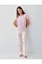 Women's Short Sleeve Pajama Set 50% Cotton 50% Modal – Patterned Pajama Bottoms with Pockets, Full Length - 2
