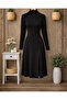 Women's Slit Detailed Long Sleeve Black Crepe Dress
