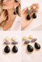 Gold Framed Three Stone Black Drop Earrings Cream and Gray Natural Stone Look Stylish Dangle Earrings - 5