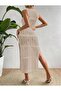 Slit Detailed Lace-Like Knit Patterned Crew Neck Zero Sleeve Bikini Top Beach Dress - 3