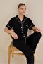 Women's Black Front Button Shirt Collar Satin Piped Chest Pocketed Viscose Short Sleeve Pajama Set - 5