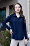Women's Collared Drop-Shoulder Long Sleeve Non-Lycra Fabric Shirt-Navy Blue