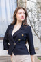 Women's Double-Breasted Pocket Flap Sleeves Slit Lightweight Stretch Fabric Fabric Short Jacket-Navy Blue - 2