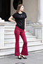 Suede Stretch Fabric Fabric High Waist Front and Back Stitched Isanyol Leggings Trousers-Burgundy - 2
